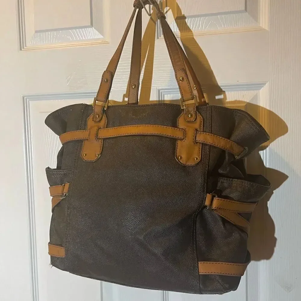 Michael Kors Brown coated canvas& tan leather straps &trims large shoulder bag.